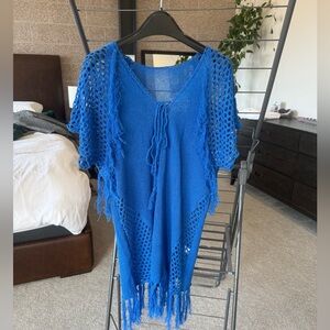 Blue Crochet Cover-Up with Fringe